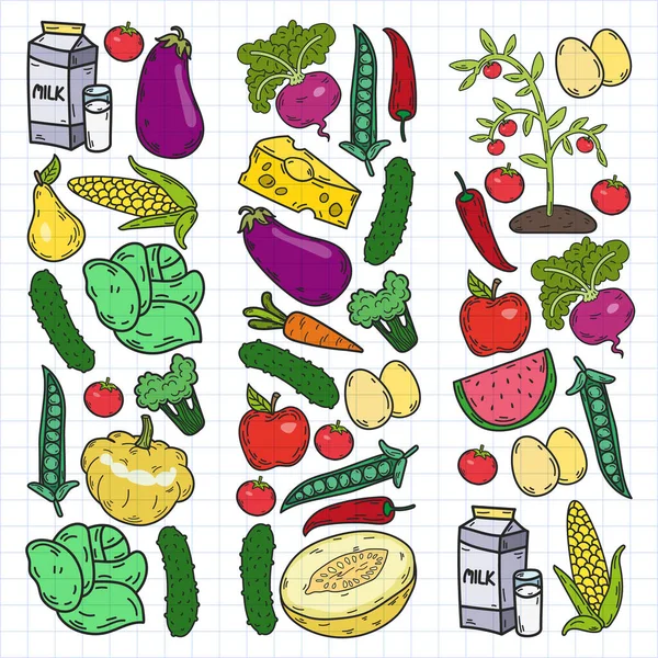 Vector Pattern Healthy Eco Organic Food Vegetables Fruits Dairy Milk — Stock Vector