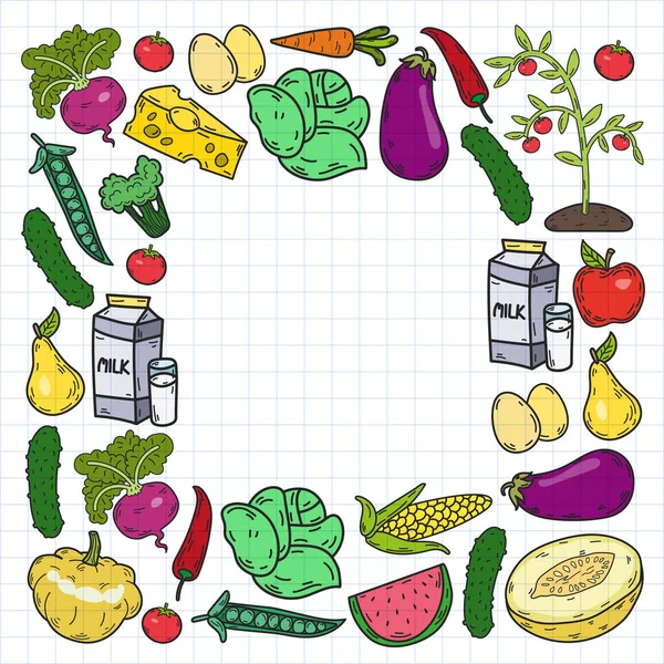 Vektorový Vzorec Zdravé Ekologické Organické Potraviny Zelenina Ovoce Mléko Mléčné — Stockový vektor