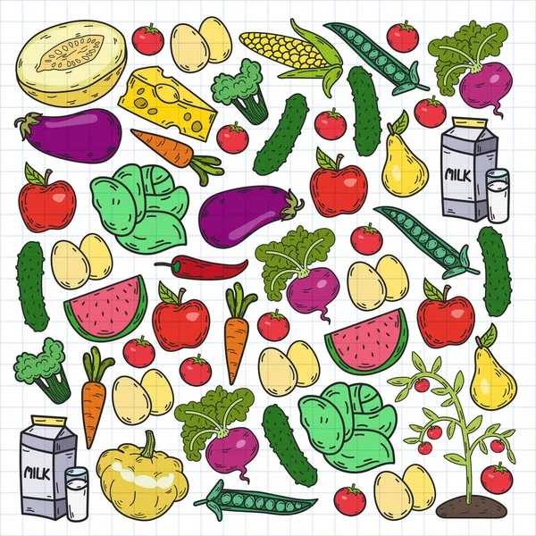 Vektör Deseni Sağlıklı Ekolojik Organik Gıda Sebzeler Meyveli Süt — Stok Vektör