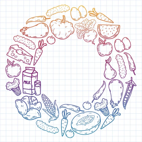 Διανυσματικό Μοτίβο Υγιή Οικολογικά Βιολογικά Τρόφιμα Λαχανικά Γαλακτοκομικά Προϊόντα — Διανυσματικό Αρχείο