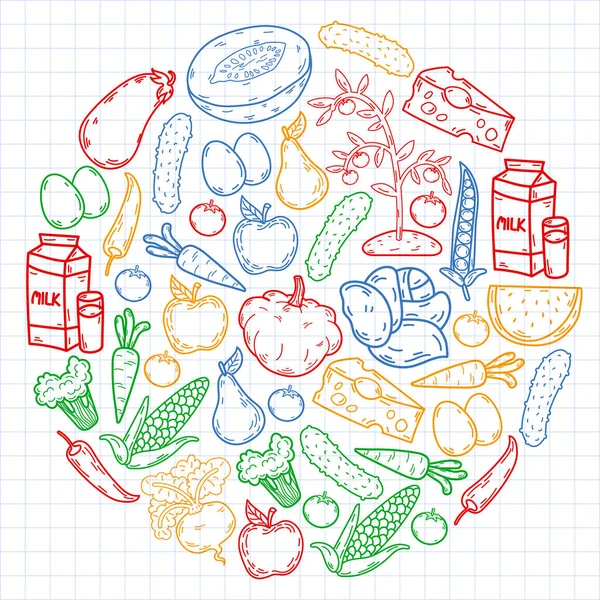 Διανυσματικό Μοτίβο Υγιή Οικολογικά Βιολογικά Τρόφιμα Λαχανικά Γαλακτοκομικά Προϊόντα — Διανυσματικό Αρχείο