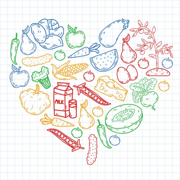 Patrón Vectorial Alimento Ecológico Saludable Hortalizas Frutas Leche Láctea — Archivo Imágenes Vectoriales