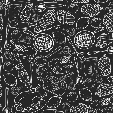 Mutfak gereçleri, sebzeler, yemek pişirme, mutfak gereçleri ile vektör çizimi
