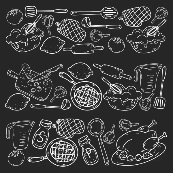 Vektorový Náčrtek Pozadí Kuchyňské Nádobí Zelenina Vaření Výrobky Nádobí — Stockový vektor