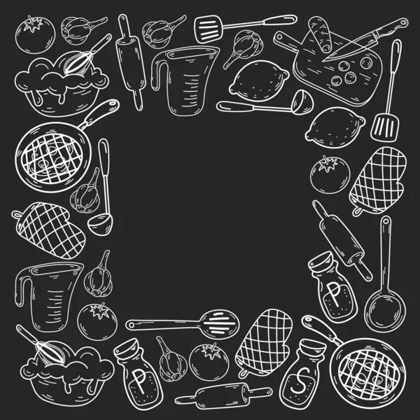 Vektor Skizze Hintergrund Mit Küchenutensilien Gemüse Kochen Produkte Geschirr — Stockvektor