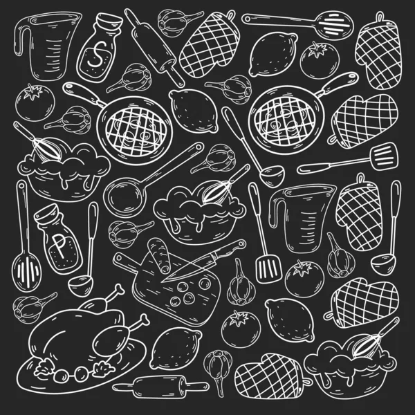 Croquis Vectoriel Fond Avec Ustensiles Cuisine Légumes Cuisine Produits Ustensiles — Image vectorielle