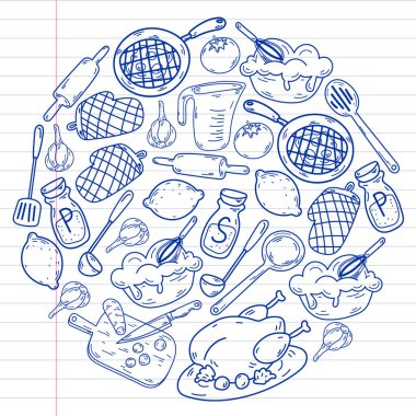 Mutfak gereçleri, sebzeler, yemek pişirme, mutfak gereçleri ile vektör çizimi
