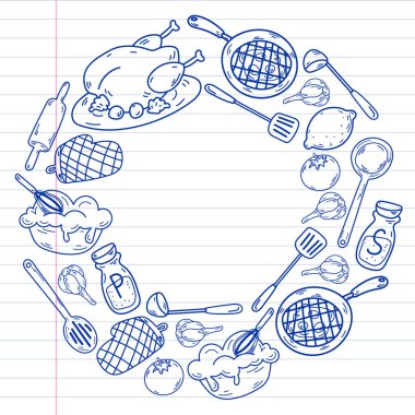 Mutfak gereçleri, sebzeler, yemek pişirme, mutfak gereçleri ile vektör çizimi