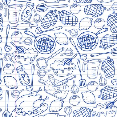 Mutfak gereçleri, sebzeler, yemek pişirme, mutfak gereçleri ile vektör çizimi