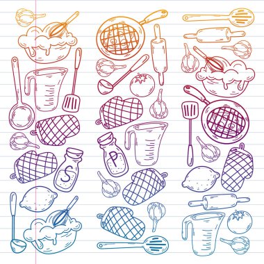 Mutfak gereçleri, sebzeler, yemek pişirme, mutfak gereçleri ile vektör çizimi