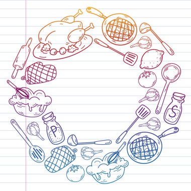 Mutfak gereçleri, sebzeler, yemek pişirme, mutfak gereçleri ile vektör çizimi