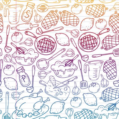 Mutfak gereçleri, sebzeler, yemek pişirme, mutfak gereçleri ile vektör çizimi