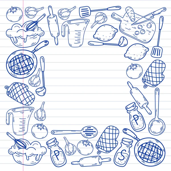 Boceto Vectorial Fondo Con Utensilios Cocina Verduras Cocina Productos Utensilios — Vector de stock