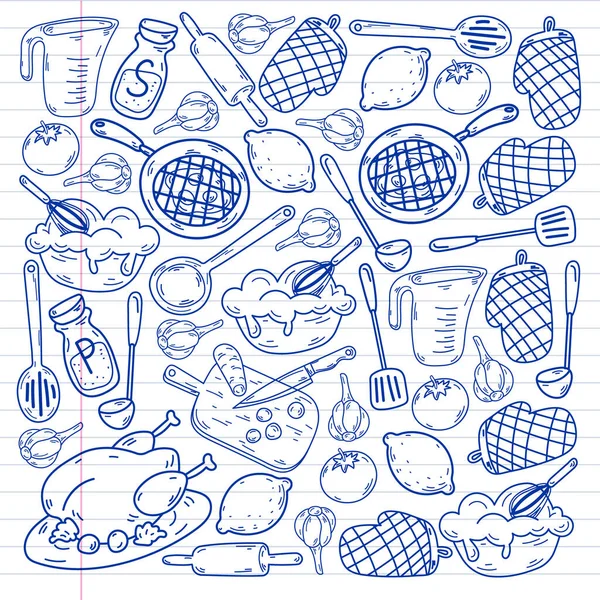 Векторний Ескіз Фону Кухонним Посудом Овочами Приготуванням Їжі Продуктами Посуду — стоковий вектор