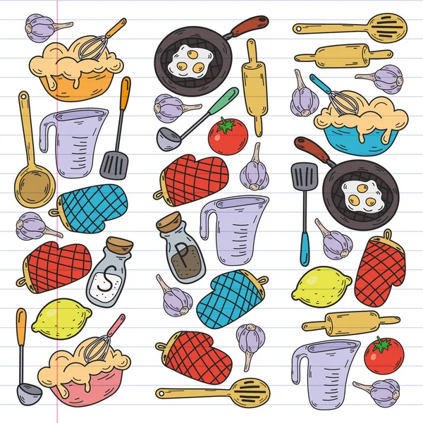 Boceto Vectorial Fondo Con Utensilios Cocina Verduras Cocina Productos Utensilios — Archivo Imágenes Vectoriales