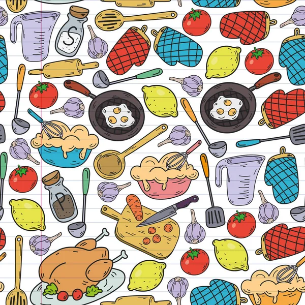 Vector Sketch Background Kitchen Utensils Vegetables Cooking Products Kitchenware — Stock Vector