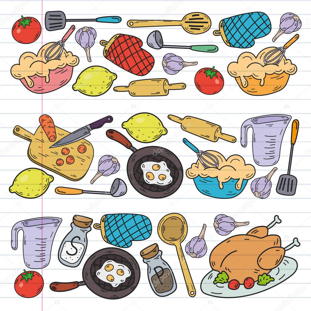 Vector sketch background with kitchen utensils, vegetables, cooking, products kitchenware