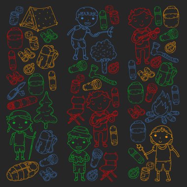 Vektör çizimi, desen. Büyük set doğrusal ikon kamp ve seyahat, turizm.