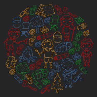 Vektör çizimi, desen. Büyük set doğrusal ikon kamp ve seyahat, turizm.