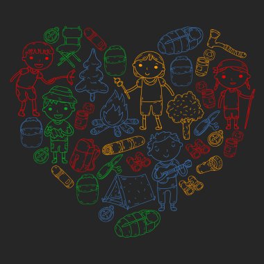 Vektör çizimi, desen. Büyük set doğrusal ikon kamp ve seyahat, turizm.