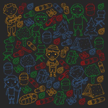 Vektör çizimi, desen. Büyük set doğrusal ikon kamp ve seyahat, turizm.