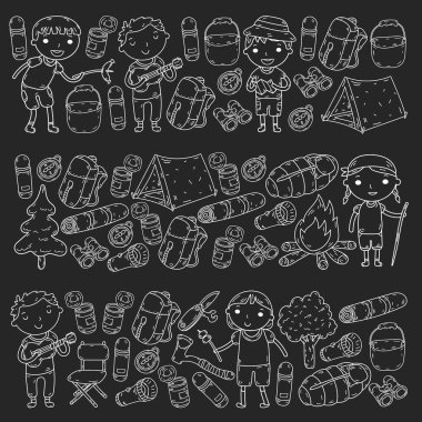 Vektör çizimi, desen. Büyük set doğrusal ikon kamp ve seyahat, turizm.