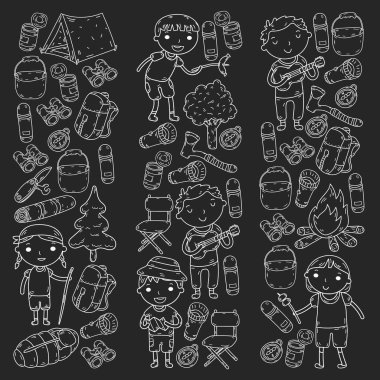 Vektör çizimi, desen. Büyük set doğrusal ikon kamp ve seyahat, turizm.