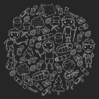 Vektör çizimi, desen. Büyük set doğrusal ikon kamp ve seyahat, turizm.