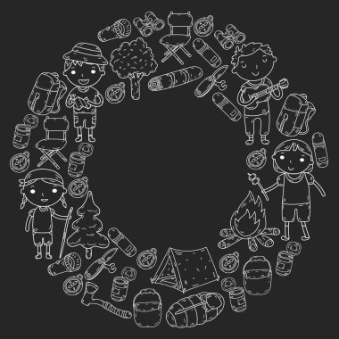 Vektör çizimi, desen. Büyük set doğrusal ikon kamp ve seyahat, turizm.