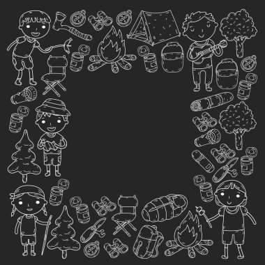 Vektör çizimi, desen. Büyük set doğrusal ikon kamp ve seyahat, turizm.