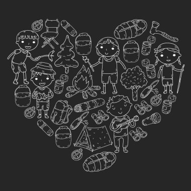 Vektör çizimi, desen. Büyük set doğrusal ikon kamp ve seyahat, turizm.