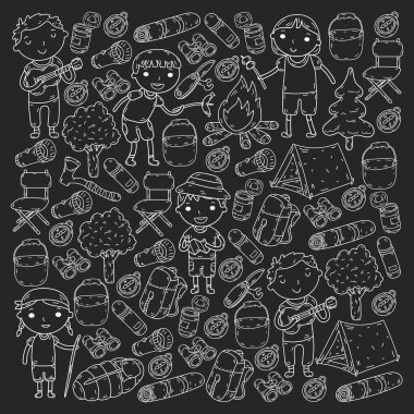 Vektör çizimi, desen. Büyük set doğrusal ikon kamp ve seyahat, turizm.