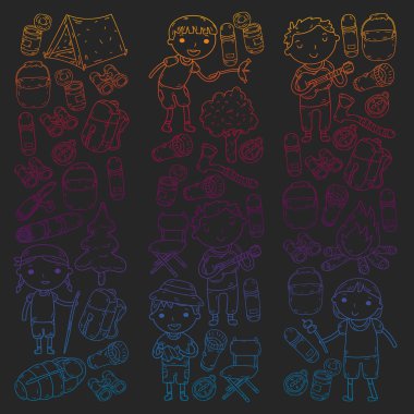 Vektör çizimi, desen. Büyük set doğrusal ikon kamp ve seyahat, turizm.