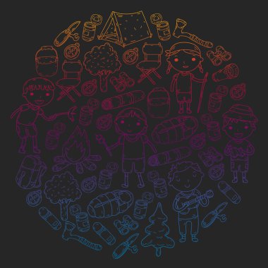 Vektör çizimi, desen. Büyük set doğrusal ikon kamp ve seyahat, turizm.