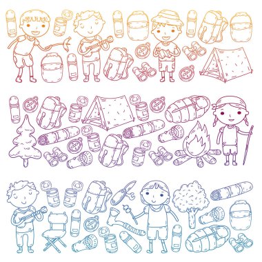 Vektör çizimi, desen. Büyük set doğrusal ikon kamp ve seyahat, turizm.