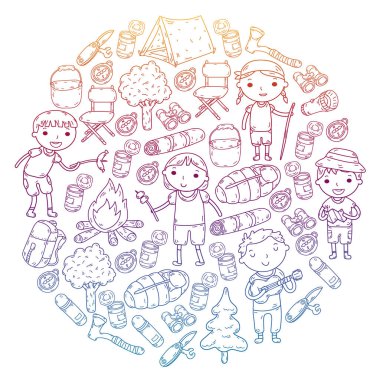 Vektör çizimi, desen. Büyük set doğrusal ikon kamp ve seyahat, turizm.