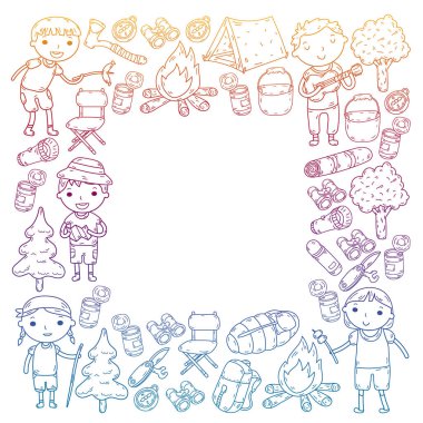 Vektör çizimi, desen. Büyük set doğrusal ikon kamp ve seyahat, turizm.