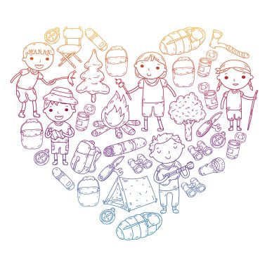 Vektör çizimi, desen. Büyük set doğrusal ikon kamp ve seyahat, turizm.