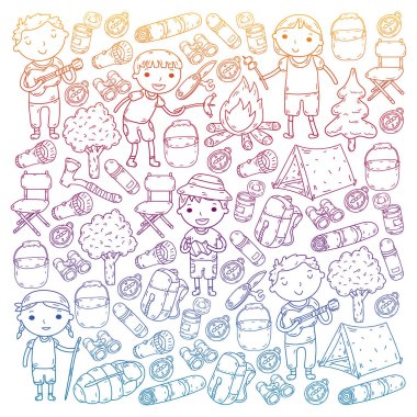 Vektör çizimi, desen. Büyük set doğrusal ikon kamp ve seyahat, turizm.