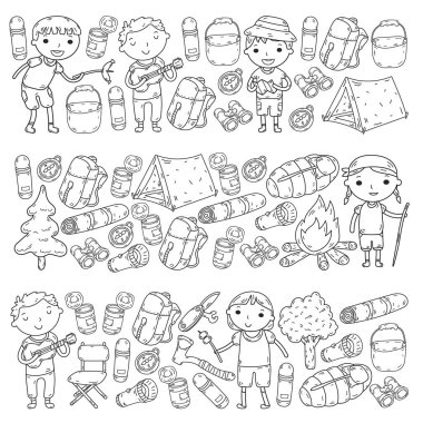 Vektör çizimi, desen. Büyük set doğrusal ikon kamp ve seyahat, turizm.