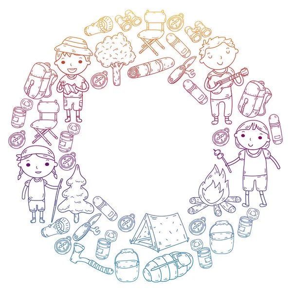 Vektör çizimi, desen. Büyük set doğrusal ikon kamp ve seyahat, turizm.