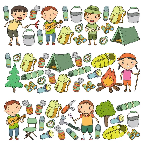 Vector Illustration Pattern Big Set Linear Icon Camping Travel Tourism — Stock Vector