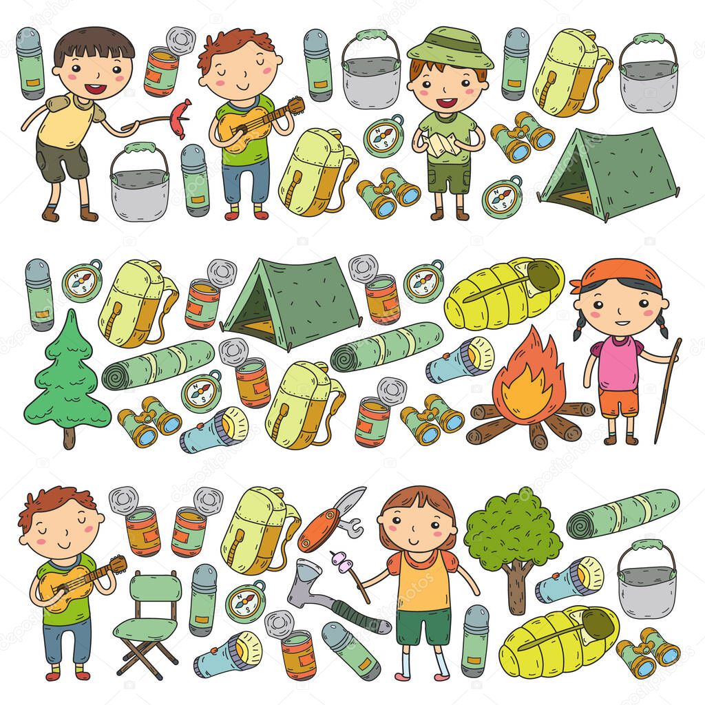 Vector illustration, pattern. Big set linear icon camping and travel, tourism.
