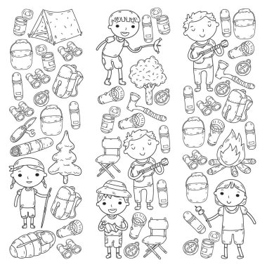 Vektör çizimi, desen. Büyük set doğrusal ikon kamp ve seyahat, turizm.