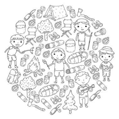 Vektör çizimi, desen. Büyük set doğrusal ikon kamp ve seyahat, turizm.