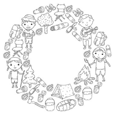 Vektör çizimi, desen. Büyük set doğrusal ikon kamp ve seyahat, turizm.