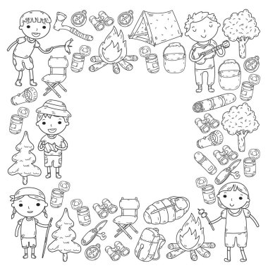 Vektör çizimi, desen. Büyük set doğrusal ikon kamp ve seyahat, turizm.