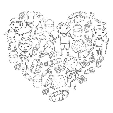 Vektör çizimi, desen. Büyük set doğrusal ikon kamp ve seyahat, turizm.