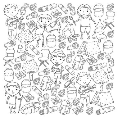 Vektör çizimi, desen. Büyük set doğrusal ikon kamp ve seyahat, turizm.