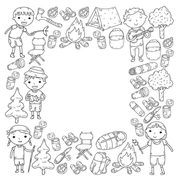 Vektör çizimi, desen. Büyük set doğrusal ikon kamp ve seyahat, turizm.